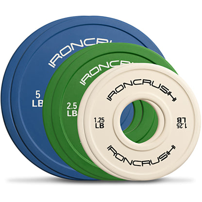 Iron Crush Rubber Change Plates for Olympic Weights, with 1.25 lb, 2.5 lb, 5 lb and 10lb Weights.