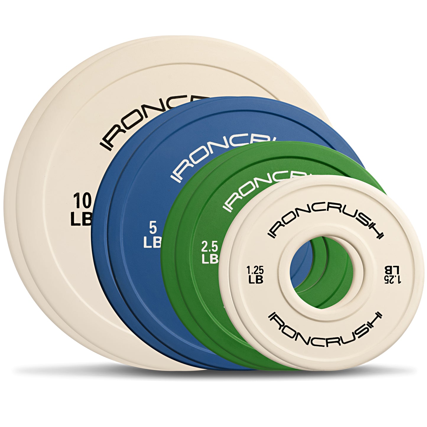 Iron Crush Rubber Change Plates for Olympic Weights, with 1.25 lb, 2.5 lb, 5 lb and 10lb Weights.