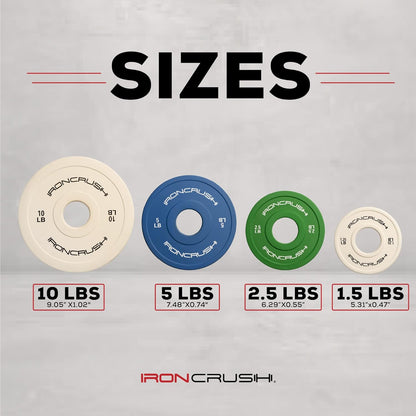 Iron Crush Rubber Change Plates for Olympic Weights, with 1.25 lb, 2.5 lb, 5 lb and 10lb Weights.